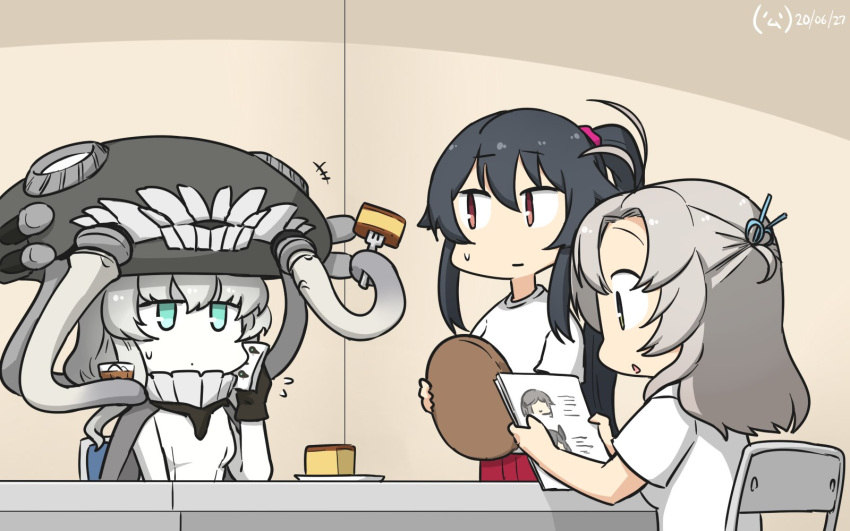 3girls abyssal_ship alternate_costume black_hair cake castella_(food) colored_skin commentary_request dated food glass green_eyes grey_hair hair_tie hamu_koutarou headgear highres kantai_collection kinugasa_(kancolle) kinugasa_kai_ni_(kancolle) long_hair medium_hair multiple_girls one-hour_drawing_challenge one_side_up pale_skin ponytail reading red_eyes shirt sidelocks t-shirt table teeth tentacle tray white_shirt white_skin wo-class_aircraft_carrier yahagi_(kancolle)