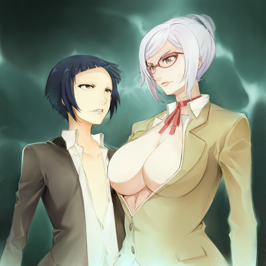 2girls angry bettou_risa black_hair breasts brown_eyes cleavage commentary_request flat_chest glasses highres large_breasts lips miyo_(13th_floor) multiple_girls open_clothes open_shirt photoshop_(medium) prison_school red-framed_eyewear shiraki_meiko shirt short_hair white_hair