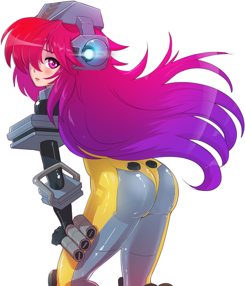 animification ass bodysuit female gradient_hair helmet highres hmage ion_(titanfall_2) leaning_forward lens_flare long_hair looking_back mecha_musume multicolored_hair personification purple_hair red_eyes red_hair skin_tight titan_(titanfall) titanfall_(series) titanfall_2 transparent_background very_long_hair