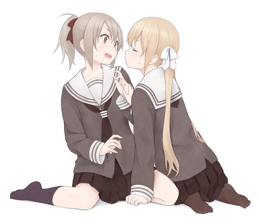 2girls bad_id bad_pixiv_id blonde_hair blush closed_eyes commentary_request grey_hair hair_ribbon highres holding_another's_wrist imminent_kiss kneeling multiple_girls nnyu open_mouth original red_eyes revision ribbon school_uniform serafuku simple_background skirt sweatdrop twintails yuri