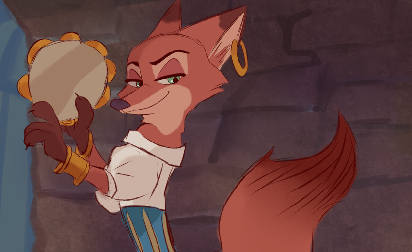 2016 anthro canid canine clothed clothing crossdressing disney ear_piercing esmeralda_(victor_hugo) fox fur green_eyes holding_musical_instrument holding_object instrument_(disambiguation) judylavernehopps mammal musical_instrument nick_wilde percussion_instrument piercing solo tambourine the_hunchback_of_notre_dame zootopia