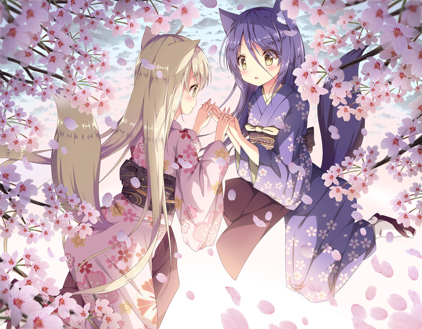 2girls animal_ears bad_id bad_pixiv_id blonde_hair blue_hair blue_kimono blush cherry_blossoms floral_print flower fox_ears fox_tail from_behind hair_between_eyes holding_hands interlocked_fingers japanese_clothes kimono konohana_kitan long_hair long_sleeves looking_at_another midair multiple_girls obi outdoors parted_lips petals photoshop_(medium) pink_kimono sandals sash satsuki_(konohana_kitan) satsuki_yukimi sky tabi tail tail_through_clothes very_long_hair wide_sleeves yellow_eyes yuri yuzu_(konohana_kitan)