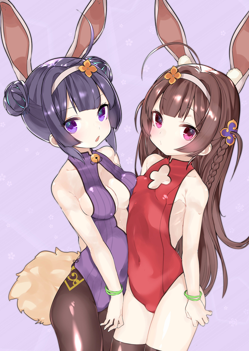 2girls absurdres ahoge animal_ears asymmetrical_docking azur_lane bad_id bad_twitter_id black_hair black_pantyhose black_thighhighs bracelet braid breast_press breasts brown_hair cleavage cleavage_cutout clothing_cutout covered_navel double_bun flower hair_bun hair_flower hair_ornament hairband highres jewelry leotard long_hair medium_breasts mitsudoue multiple_girls ning_hai_(azur_lane) ning_hai_(moon_palace_rabbit)_(azur_lane) open_mouth pantyhose ping_hai_(azur_lane) ping_hai_(osmanthus_moon_rabbit)_(azur_lane) purple_eyes purple_leotard rabbit_ears rabbit_tail red_eyes red_leotard single_hair_bun small_breasts tail thighhighs