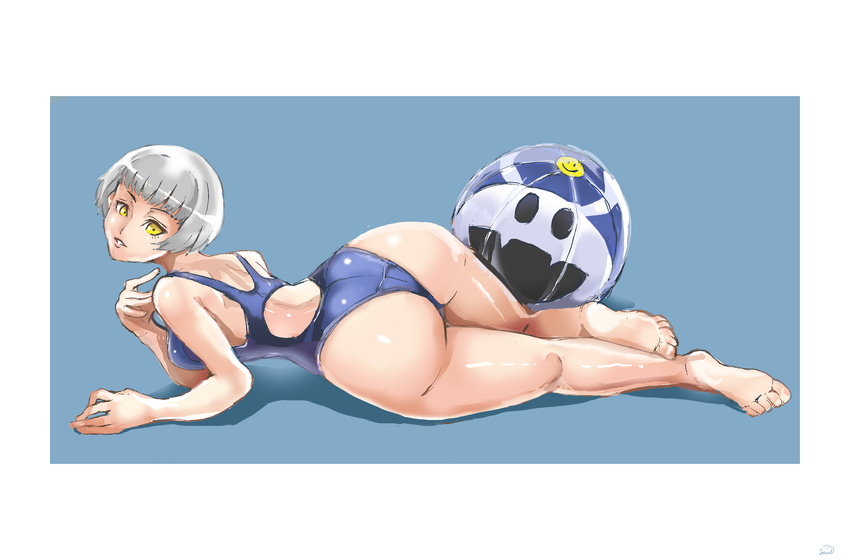 ass ball beachball blue_background border commentary_request elizabeth_(persona) female grey_hair highres huge_ass jack_frost_(megami_tensei) legs looking_at_viewer lying one-piece_swimsuit persona persona_3 photoshop_(medium) samidare_satsuki short_hair solo swimsuit wide_hips yellow_eyes