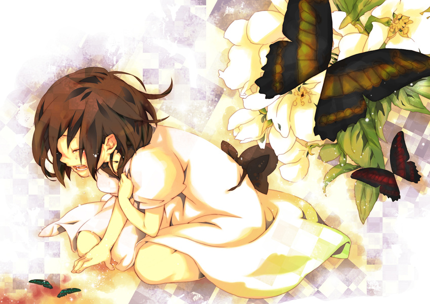 brown_hair bug butterfly commentary_request female flower hand_on_own_chest kuusou_ryodan photoshop_(medium) short_hair solo tears zaregoto_series