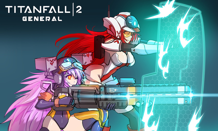 2girls aiming animification armor bare_shoulders breasts copyright_name covered_navel energy energy_barrier energy_shield firing gloves glowing glowing_eye goggles gun helmet hmage holding holding_gun holding_weapon honeycomb_(pattern) large_breasts long_hair mecha_musume multiple_girls northstar_(titanfall) personification pink_hair pr-01_plasma_railgun railgun red_hair science_fiction shield smile teamwork thighhighs titan_(titanfall) titanfall_(series) titanfall_2 tone_(titanfall_2) weapon