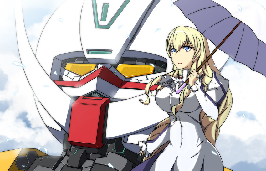 altronage blonde_hair blue_eyes breasts commentary_request cosplay dianna_soreil dress drill_hair female gundam hair_between_eyes jewelry kihel_heim kihel_heim_(cosplay) large_breasts long_hair long_sleeves looking_afar mecha parasol photoshop_(medium) puffy_long_sleeves puffy_sleeves ring robot solo_focus taut_clothes taut_dress tight_clothes tight_dress turn_a_gundam turn_a_gundam_(mobile_suit) umbrella white_dress