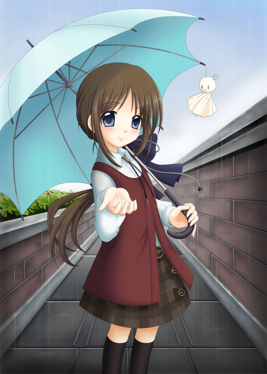 bad_id bad_pixiv_id blue_eyes brown_hair commentary_request dress female highres kneehighs long_hair mizumohikari photoshop_(medium) ponytail rain reaching ribbon skirt smile socks solo symphonic_rain teruterubouzu tortinita_fine umbrella