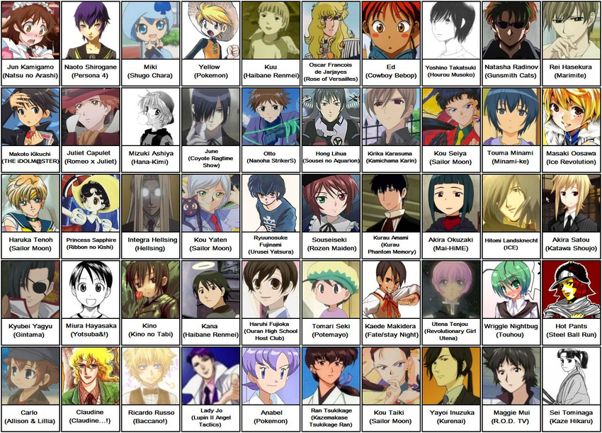 allison_&_lilia anabel androgynous aquarion_(series) atlus baccano! bishoujo_senshi_sailor_moon chart cowboy_bebop coyote_ragtime_show fate/stay_night fate_(series) female gintama haibane_renmei hellsing hourou_musuko idolmaster jojo_no_kimyou_na_bouken kamichama_karin katawa_shoujo kazamakase_tsukikage_ran kaze_hikaru kikuchi_makoto kino kino_no_tabi kurenai lila_(pokemon) lupin_iii maggie_mui meme minami-ke my-hime ouran_high_school_host_club persona persona_4 pokemon pokemon_special ran_tsukikage reverse_trap ricardo_russo romeo_x_juliet rozen_maiden sailor_moon sei_tominaga shirogane_naoto shugo_chara shugo_chara! sousei_no_aquarion souseiseki steel_ball_run tenjou_utena tms_entertainment touhou tsukikage_ran urusei_yatsura wriggle_nightbug yellow_(pokemon) yotsubato!