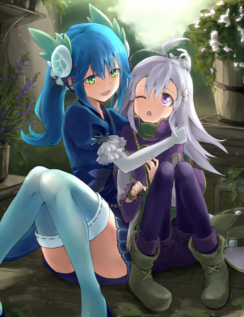 2girls :o aromage_jasmine aromage_rosemary bag blush bracelet commentary_request convenient_leg duel_monster elbow_gloves flower gloves hair_flower hair_ornament highres jewelry knees_up long_hair multiple_girls pantyhose rr_(rr2) shoes sitting smile thighhighs white_gloves white_legwear yu-gi-oh!