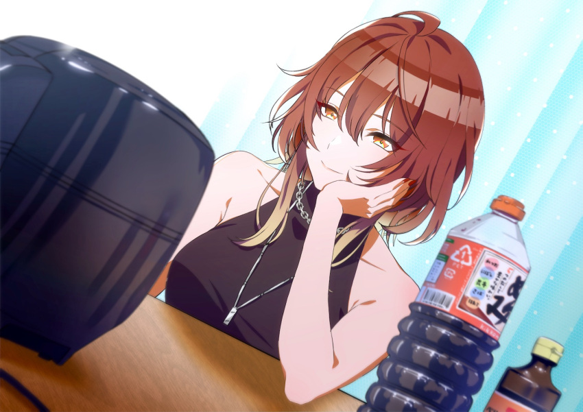 aketa_mikoto bad_id bad_twitter_id bare_arms bare_shoulders black_shirt bottle breasts brown_hair chain_necklace chains circulatormai collarbone dutch_angle female head_rest idolmaster idolmaster_shiny_colors jewelry necklace rice_cooker shirt sleeveless sleeveless_turtleneck smile solo turtleneck