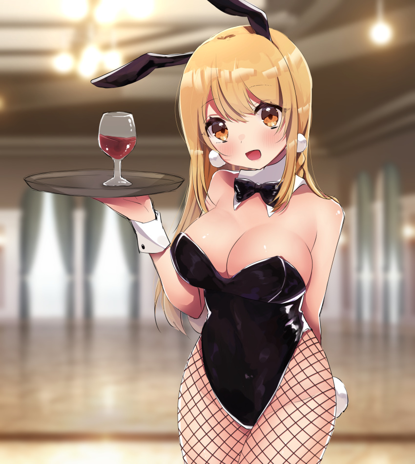 absurdres animal_ears black_bow black_bowtie black_leotard blurry blurry_background bow bowtie breasts brown_eyes cleavage cowboy_shot cup detached_collar drinking_glass female fishnet_pantyhose fishnets highres indie_virtual_youtuber large_breasts leotard long_hair looking_at_viewer nekoha_neru nekoha_neru_(artist) pantyhose playboy_bunny rabbit_ears smile solo strapless strapless_leotard tray virtual_youtuber wine_glass wrist_cuffs