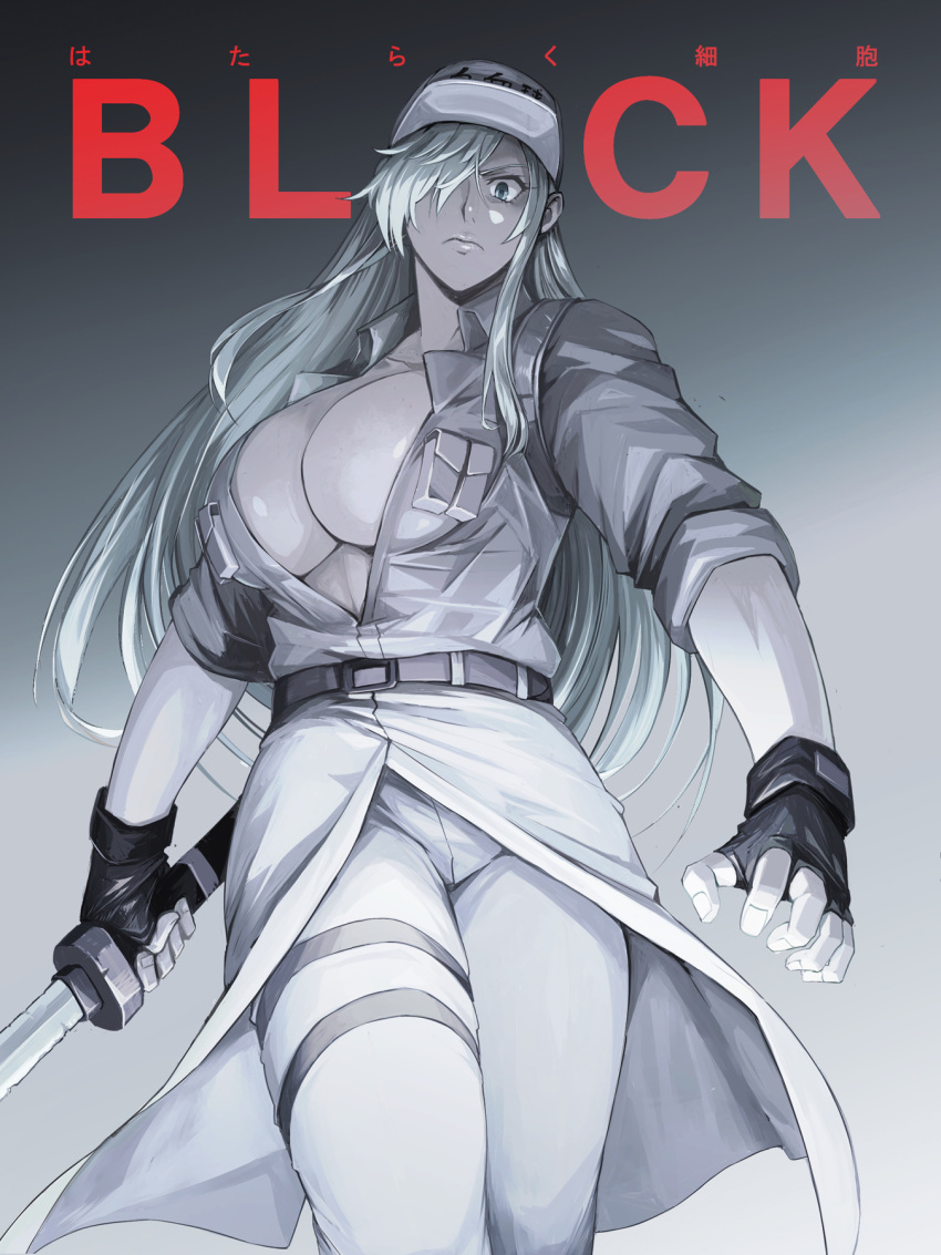 belt breast_pocket breasts center_opening colored_skin employee_uniform female fingerless_gloves flat_cap glaring gloves hair_over_one_eye hat hataraku_saibou hataraku_saibou_black highres holding holding_sword holding_weapon ishida_baru large_breasts looking_at_viewer pants pocket solo sword u-1196 uniform weapon white_blood_cell_(hataraku_saibou) white_hair white_skin