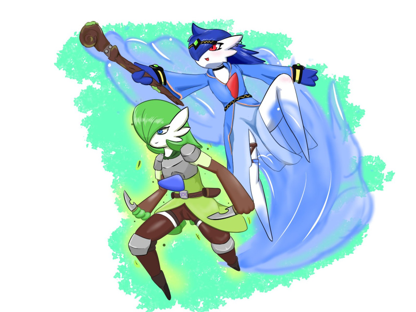 2020 3_fingers 4:3 ambiguous_gender armor blue_eyes blue_hair crown dagger dual_wielding duo fingers gardevoir gem generation_3_pokemon green_hair hair hair_over_eye headgear hi_res holding_object holding_weapon humanoid magic_user magician_robe melee_weapon mferite nintendo not_furry one_eye_obstructed pokemon pokemon_(species) red_eyes rogue shiny_pokemon simple_background staff tiara weapon white_background