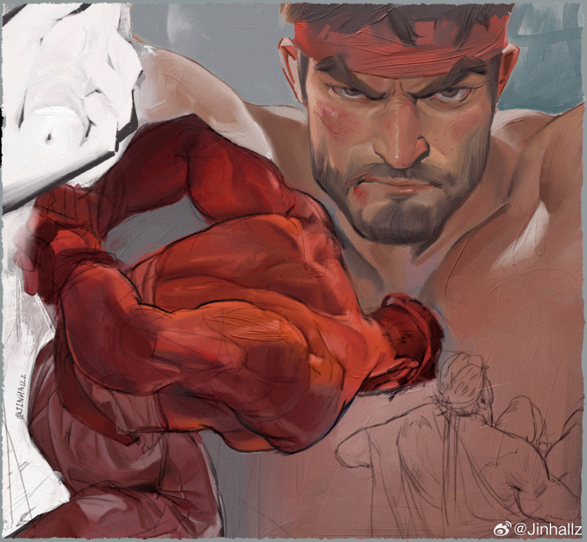 1boy bara beard black_hair dougi facial_hair feet_out_of_frame frown headband highres jinhallz large_pectorals looking_at_viewer male_focus mature_male midriff_sarashi multiple_views muscular muscular_male pectorals ryu_(street_fighter) sanpaku sarashi short_hair street_fighter street_fighter_6 thick_eyebrows