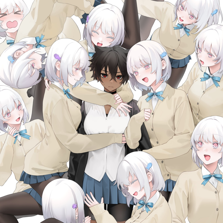 >_< >o< 6+girls :d annoyed black_choker black_hair black_jacket black_legwear blue_ribbon blue_skirt blush breasts brown_cardigan cardigan choker cleavage clone closed_mouth commentary cowboy_shot dark-skinned_female dark_skin eyelashes fish_hair_ornament grey_hair grin hair_between_eyes hair_ornament half-closed_eyes highres hug hug_from_behind jacket locked_arms long_sleeves looking_at_viewer medium_breasts micchan_(ohisashiburi) miniskirt multiple_girls nacchan_(ohisashiburi) neck_ribbon ohisashiburi open_clothes open_jacket open_mouth original pantyhose pink_eyes pleated_skirt profile red_eyes ribbon school_uniform shirt short_hair simple_background skirt sleeves_past_wrists smile sweatdrop symbol-only_commentary white_background white_shirt