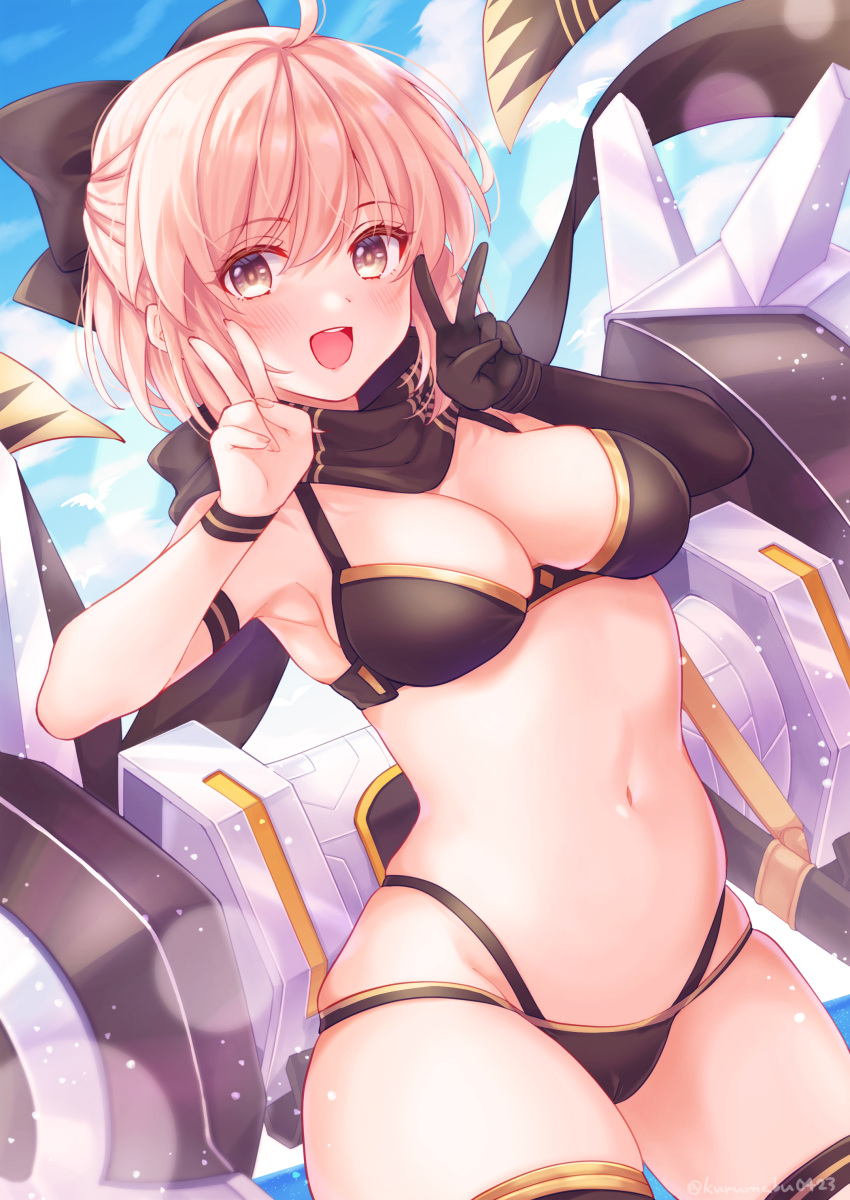 :d absurdres ahoge bare_shoulders bikini black_bikini black_gloves black_scarf bow breasts brown_eyes double_v elbow_gloves fate/grand_order fate_(series) female gloves hairbow highres looking_at_viewer medium_breasts navel okita_j._souji_(fate) okita_j._souji_(first_ascension)_(fate) okita_souji_(fate) open_mouth pika_mouse scarf short_hair single_glove smile solo swimsuit v