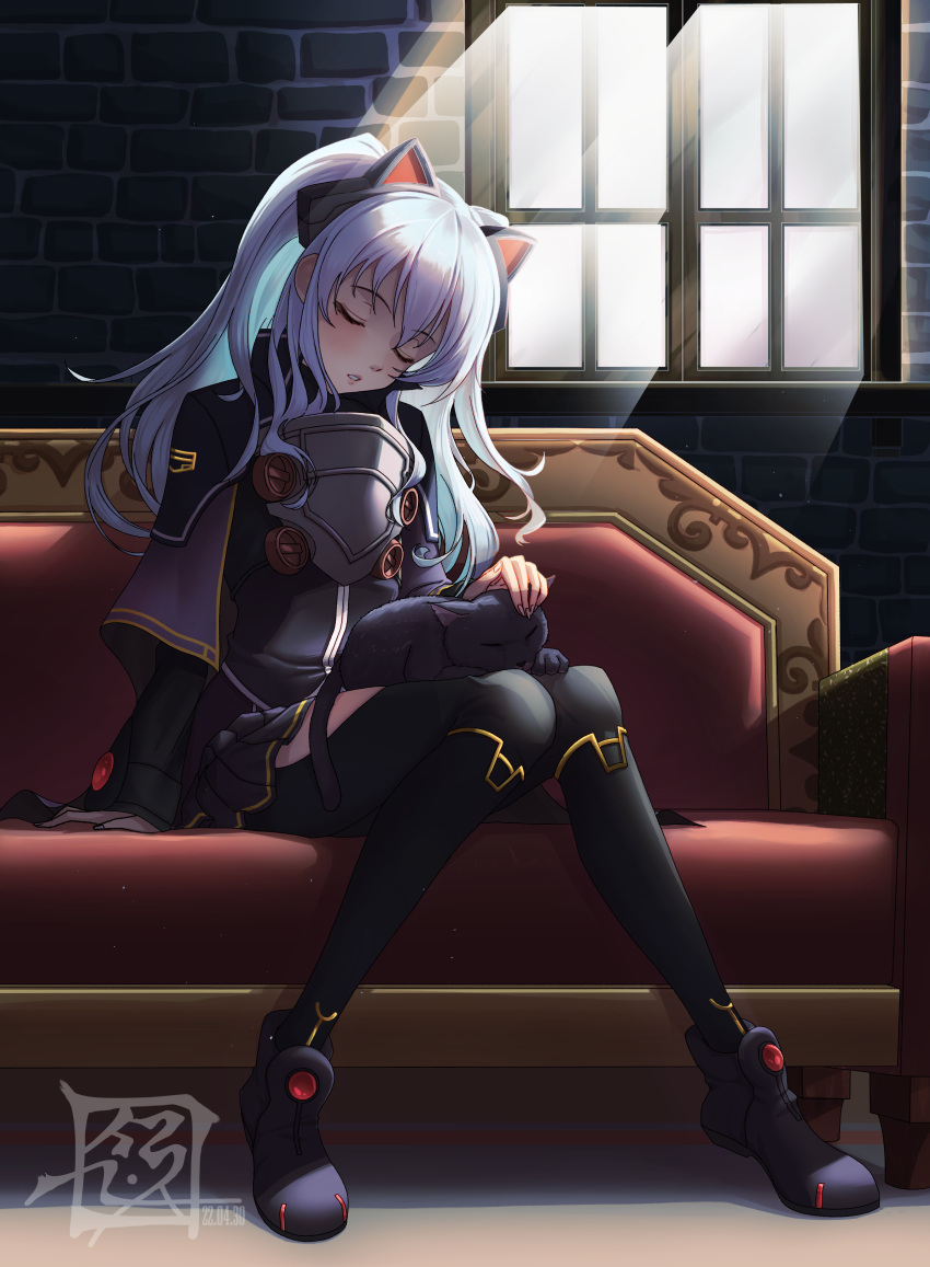 absurdres animal animal_on_lap ao_no_kiseki armor blue_hair breastplate capelet cat_on_lap closed_eyes commission couch eiyuu_densetsu feline female highres indoors light_rays on_lap pixiv_commission shoes sitting sleeping solo suryua thighhighs tio_plato window zero_no_kiseki