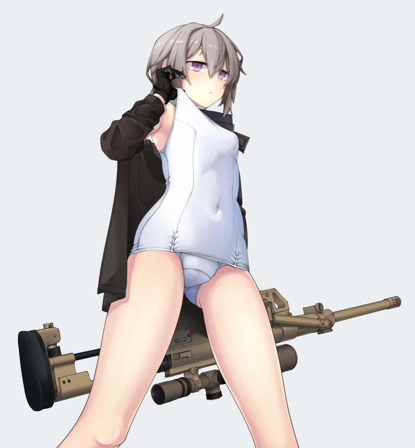 absurdres ahoge ass_visible_through_thighs black_gloves black_jacket bolt_action cheytac_m200 clothes_pull covered_navel female girls'_frontline gloves grey_background grey_hair gun highres jacket m200_(girls'_frontline) nakiusagi one-piece_swimsuit one-piece_swimsuit_pull ponytail purple_eyes rifle school_swimsuit simple_background sniper_rifle solo swimsuit weapon white_one-piece_swimsuit