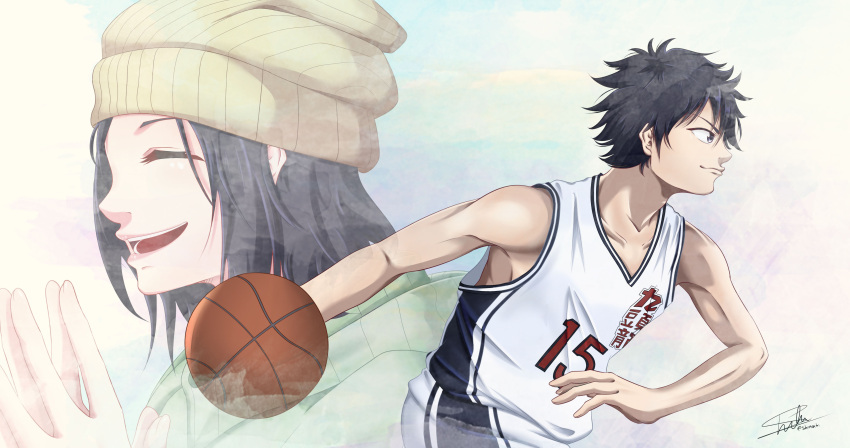 1boy absurdres ahiru_no_sora ball basketball basketball_(object) basketball_uniform black_hair closed_eyes dribbling_(basketball) female hair_between_eyes hat highres jersey kurumatani_sora kurumatani_yuka mother_and_son open_mouth profile shiinochi signature sleeveless sportswear