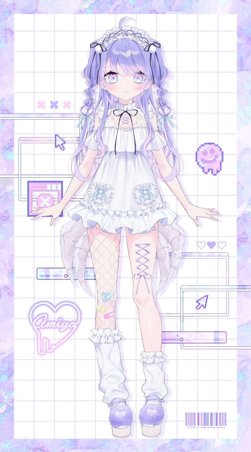 absurdres amiya_aranha amiya_aranha_(1st_costume) arthropod_girl arthropod_limbs bad_id bad_pixiv_id bandaid bandaid_on_knee bandaid_on_leg blue_bow blue_eyes bow clothing_cutout corset_piercing cursor dress female full_body gradient_eyes hairband heart highres lolita_hairband long_hair loose_socks mashiro_shiki multicolored_eyes official_art open_hands pink_eyes platform_footwear purple_hair shoulder_cutout socks solo spider_girl tsunderia two_side_up virtual_youtuber white_dress