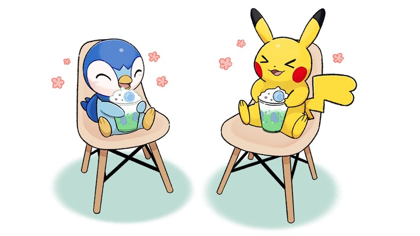 >_< blush chair closed_eyes commentary_request eating no_humans official_art open_mouth pikachu piplup pokemon pokemon_(creature) project_pochama sitting smile tongue white_background