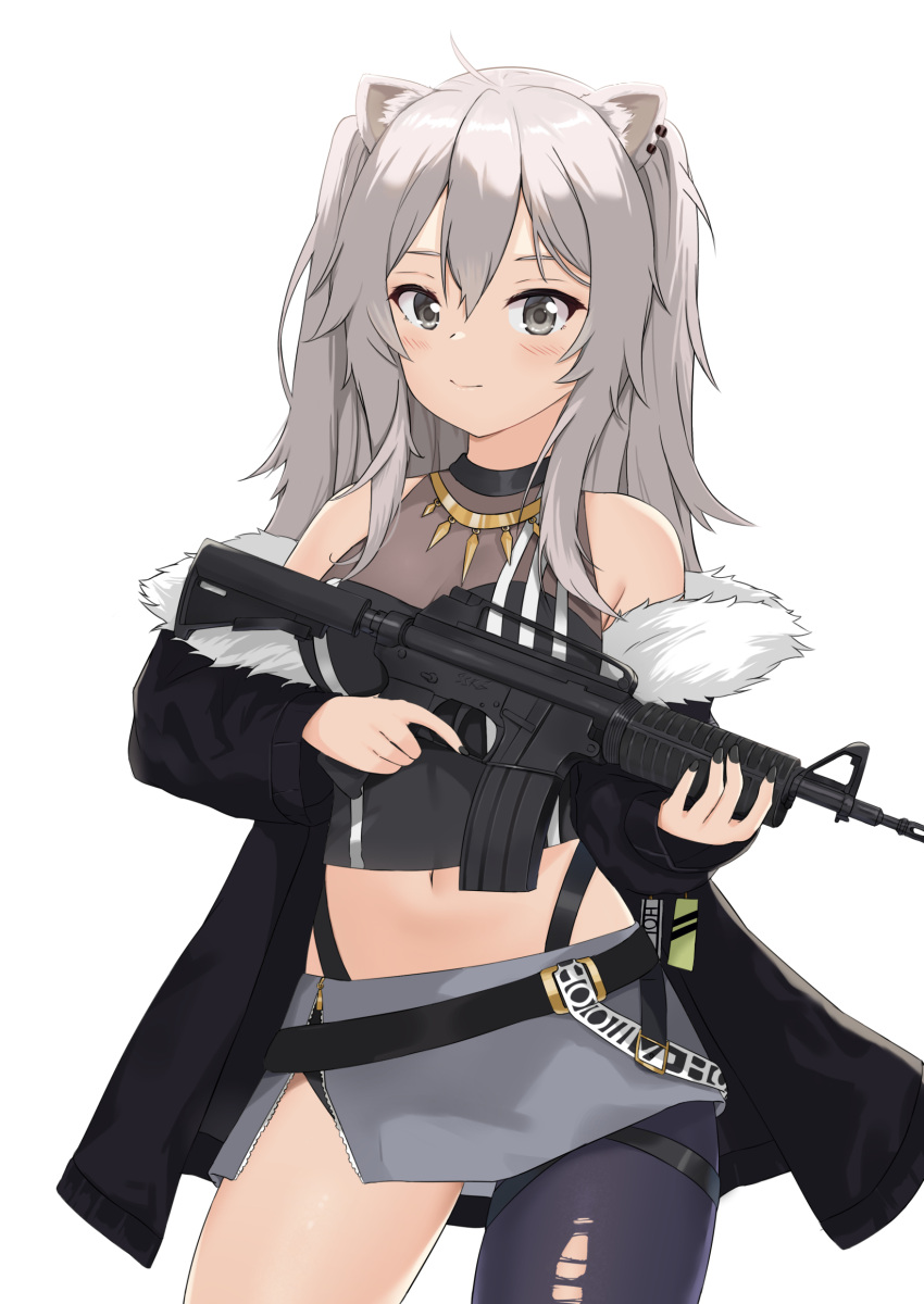 absurdres animal_ear_fluff animal_ears black_jacket blush breasts cleavage ear_piercing female fur_trim grey_eyes grey_hair grey_skirt gun hair_between_eyes highres holding holding_gun holding_weapon hololive jacket lion_ears lion_girl long_hair looking_at_viewer medium_breasts neruki_(ntme) off_shoulder pantyhose piercing shishiro_botan shishiro_botan_(1st_costume) single_leg_pantyhose skirt smile solo torn_clothes torn_pantyhose virtual_youtuber weapon