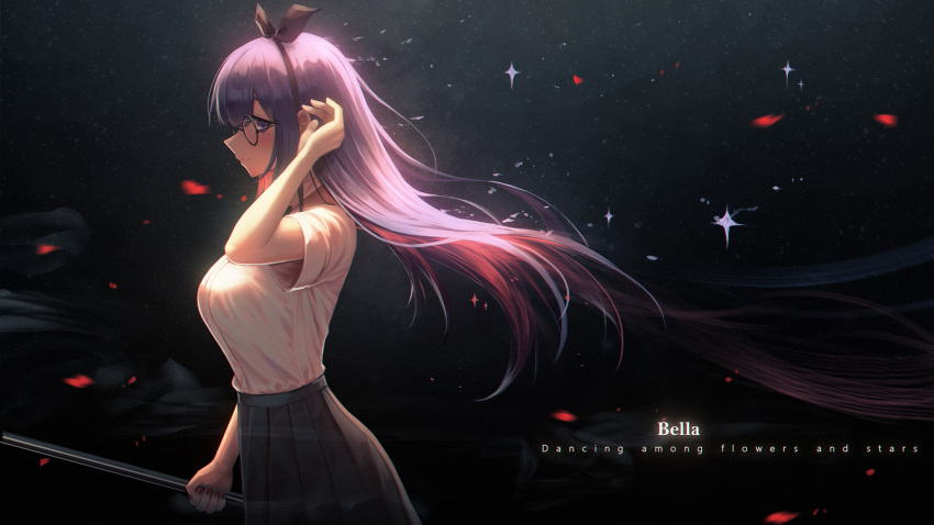 a-soul bad_id bad_pixiv_id bella_(a-soul) black-framed_eyewear black_hairband black_ribbon black_skirt breasts character_name collared_shirt commentary dress_shirt english_text eyebrows_hidden_by_hair female from_side glasses hair_between_eyes hair_ribbon hairband hand_up highres holding long_hair medium_breasts nail_polish petals pleated_skirt profile purple_eyes purple_hair red_nails ribbon round_eyewear shirt short_sleeves skirt smoke solo very_long_hair virtual_youtuber white_shirt yurichtofen