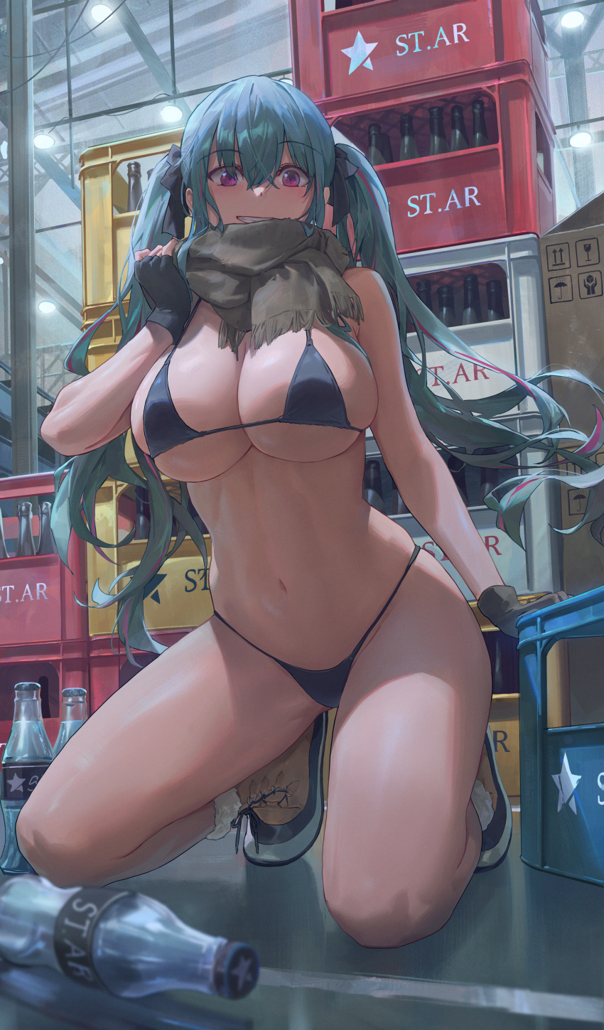 absurdres bare_shoulders bikini black_bikini black_gloves blue_hair boots bottle breasts cleavage crate english_commentary female fingerless_gloves free_style_(yohan1754) full_body gloves grin hair_between_eyes hair_ribbon highleg highleg_bikini highres kneeling large_breasts long_hair looking_at_viewer midriff multicolored_hair navel original pink_eyes pink_hair ribbon scarf smile solo standing streaked_hair swimsuit thighs toned toned_female twintails two-tone_hair underboob warehouse