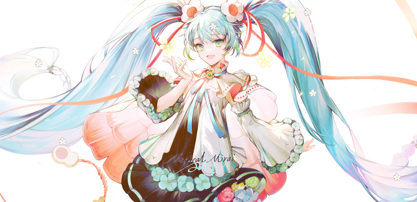 bai_qi-qsr blue_hair bow bowtie commentary dress female flower flower_underskirt green_eyes hair_flower hair_ornament hair_ribbon hand_up hatsune_miku highres layered_dress looking_at_viewer magical_mirai_(vocaloid) magical_mirai_miku magical_mirai_miku_(2021) off-shoulder_dress off_shoulder ribbon smile solo translucent_hair twintails upper_body v vocaloid white_background