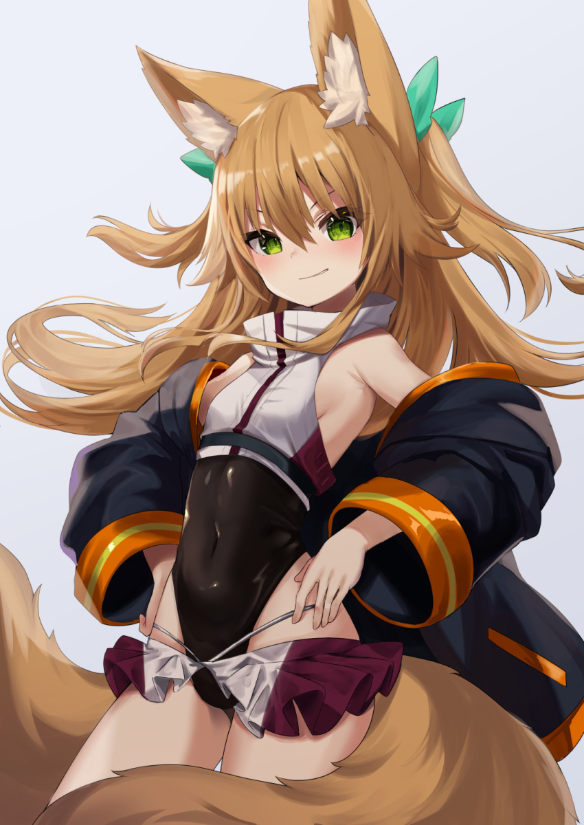 animal_ear_fluff animal_ears armpits bare_shoulders black_jacket black_leotard bow breasts brown_hair covered_navel cowboy_shot female fox_ears fox_tail green_eyes hairbow hands_on_own_hips highleg highleg_leotard highres jacket kokonoe_tsubaki leotard long_hair looking_at_viewer microskirt multiple_tails off_shoulder open_clothes open_jacket original puffy_sleeves showgirl_skirt skirt sleeveless small_breasts smile solo tail thighs two_side_up two_tails v-shaped_eyebrows yoshizawa_tsubaki