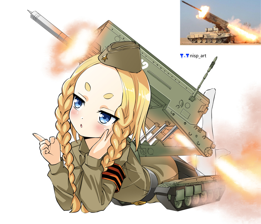 absurdres blonde_hair blue_eyes braid commentary female hat highres lolicon long_sleeves lying military military_uniform military_vehicle missile nisp_art original personification photo_inset reference_inset ribbon_of_saint_george russian_commentary skirt solo thick_eyebrows tos1a_solntsepyok twin_braids uniform