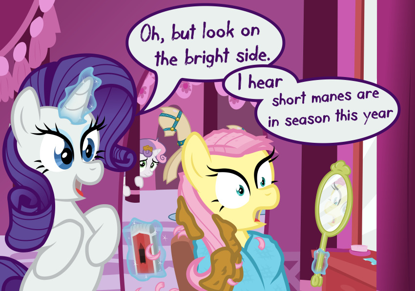 absurd_res dialogue electric_razor english_text equid equine female feral fluttershy_(mlp) friendship_is_magic group hasbro hi_res horn horse mammal mirror my_little_pony mythological_creature mythological_equine mythology pegasus pony rarity_(mlp) razor shocked sollace speech_bubble sweetie_belle_(mlp) text tools trio unicorn wings