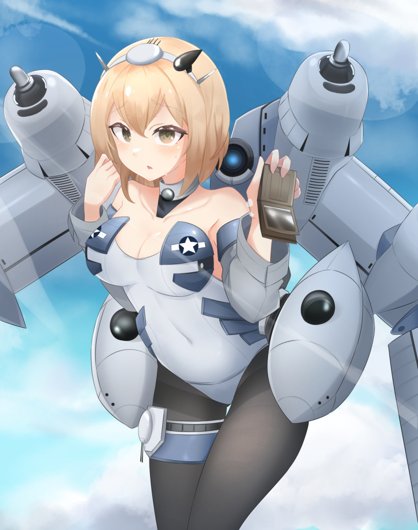 aircraft airplane airplane_wing b-29_superfortress b-29_superfortress_(daebom) bad_id bad_pixiv_id blonde_hair brown_eyes daebom female grey_shirt highleg highleg_leotard highres leotard mecha_musume military military_vehicle original pantyhose personification rigging shirt short_hair solo thigh_strap war_thunder