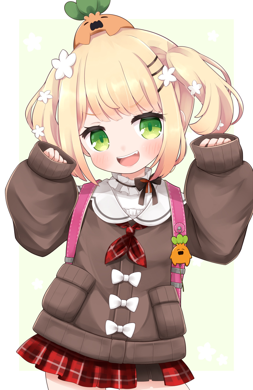 :d absurdres aged_down blonde_hair blush brown_sweater cocozasa commentary_request cowboy_shot crime_prevention_buzzer female flower green_eyes hair_flower hair_ornament hairclip hands_up highres hololive long_sleeves looking_at_viewer momosuzu_nene momosuzu_nene_(casual) neckerchief nekko_(momosuzu_nene) official_alternate_costume official_alternate_hair_length official_alternate_hairstyle open_mouth plaid plaid_skirt red_neckerchief red_skirt short_hair simple_background skirt sleeves_past_fingers sleeves_past_wrists smile solo standing sweater teeth twintails upper_teeth_only virtual_youtuber white_flower