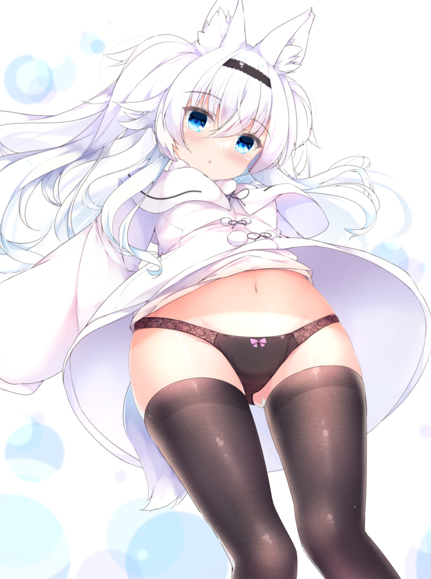 :o animal_ear_fluff animal_ears ass_visible_through_thighs black_hairband black_panties black_thighhighs blue_eyes blush bow bow_panties capelet commentary_request dress feet_out_of_frame female from_below fuuna groin hair_between_eyes hairband highres long_hair long_sleeves looking_at_viewer looking_down navel original panties parted_lips puffy_long_sleeves puffy_sleeves sleeves_past_fingers sleeves_past_wrists solo tail thighhighs underwear very_long_hair white_capelet white_dress white_hair