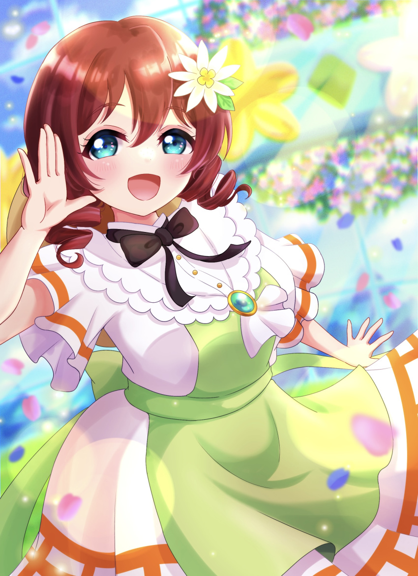 :d absurdres aqua_eyes black_bow blurry blurry_background bow brown_hair commentary dress emma_verde female flower freckles green_dress hair_between_eyes hair_flower hair_ornament hand_up highres la_bella_patria_(love_live!) looking_at_viewer love_live! love_live!_nijigasaki_high_school_idol_club medium_hair open_hand petals ringlets ritaso short_sleeves smile solo two-tone_dress white_dress