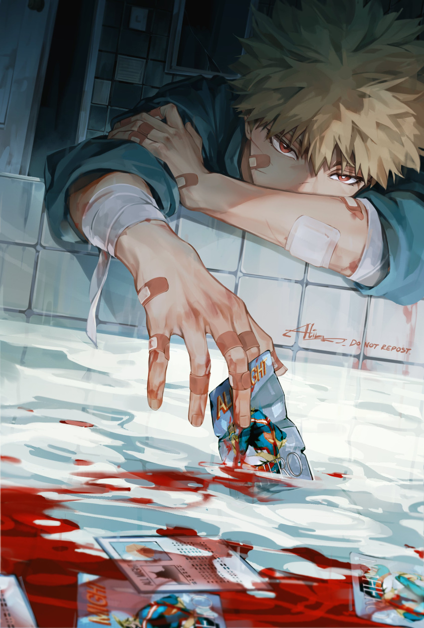 1boy absurdres all_might artist_name bakugou_katsuki bandaged_arm bandages bandaid bandaid_on_arm bandaid_on_face bandaid_on_hand bathroom bathtub between_fingers blonde_hair blood blood_in_water blood_stain boku_no_hero_academia broken_glass broken_mirror card card_between_fingers character_name character_print commentary covered_mouth crack cuts door english_text gauze glass hair_between_eyes hand_on_own_arm head_on_arm head_rest highres holding holding_card hospital_gown indoors injury leaning_on_object light_switch looking_at_viewer making-of_available male_focus mirror open_door radar_chart red_eyes sanpaku shade signature silhouette solo spiked_hair spoilers switch tile_wall tiles trading_card upper_body v-shaped_eyebrows zerom000