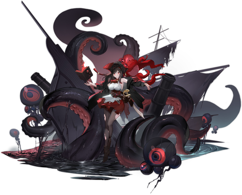 ankle_boots ascot azur_lane bare_shoulders belt black_pantyhose book boots breasts brown_hair cannon corsair female floating floating_object full_body hat high_heel_boots high_heels highres jacket large_breasts long_hair long_sleeves looking_at_viewer octopus off_shoulder official_art open_book open_clothes pantyhose pirate pirate_hat red_eyes royal_fortune_(azur_lane) shiny_clothes ship skirt souji_hougu sword tentacle torn_clothes torn_pantyhose torn_skirt transparent_background water watercraft weapon