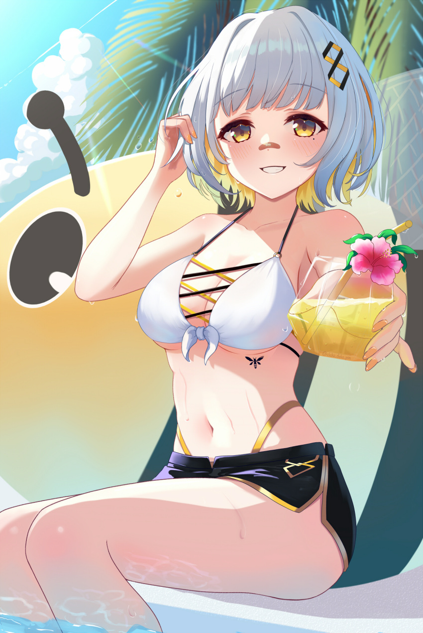 banana_de_ikopon bandaid bandaid_on_face bandaid_on_nose bee bikini black_shorts blonde_hair breasts bug center_opening colored_inner_hair cross-laced_slit cup day dolphin_shorts drinking_glass female flower front-tie_bikini_top front-tie_top grey_hair hachi_(live_union) hibiscus highres live_union looking_at_viewer medium_breasts mole mole_under_eye multicolored_bikini multicolored_clothes multicolored_hair navel o-ring o-ring_top orange_nails outdoors palm_tree parted_lips short_hair short_shorts shorts sitting solo stomach_tattoo swimsuit tattoo tree tropical_drink virtual_youtuber wet white_bikini yellow_bikini yellow_eyes