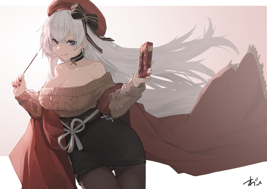 aran_sweater azur_lane bare_shoulders belfast_(azur_lane) belfast_(shopping_with_the_head_maid)_(azur_lane) beret black_pantyhose black_skirt blue_eyes breasts brown_sweater cable_knit cleavage commentary cowboy_shot earrings female floating_hair food hat highres holding holding_food holding_pocky hoop_earrings huge_breasts jewelry long_hair looking_at_viewer off-shoulder_sweater off_shoulder official_alternate_costume oregano_(olgn_eao) pantyhose pencil_skirt pocky red_hat red_shawl shawl signature simple_background skirt smile solo sweater very_long_hair white_background white_hair