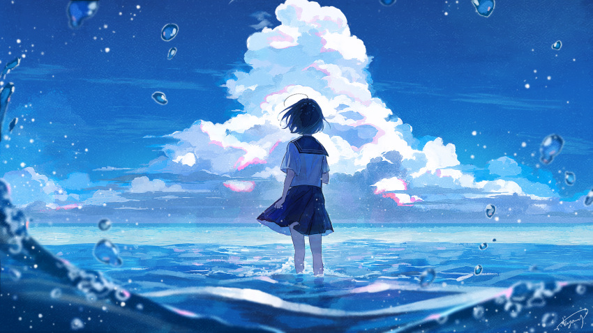 ahoge aky_ami ao_to_shinzou arm_at_side black_hair black_sailor_collar black_skirt blue_theme cloud cloud_focus cloudy_sky commentary_request day facing_away feet_out_of_frame female floating_hair hand_up highres horizon ocean official_art outdoors sailor_collar scenery school_uniform serafuku shirt short_hair short_sleeves signature skirt sky solo standing wading water water_drop waves white_shirt wide_shot