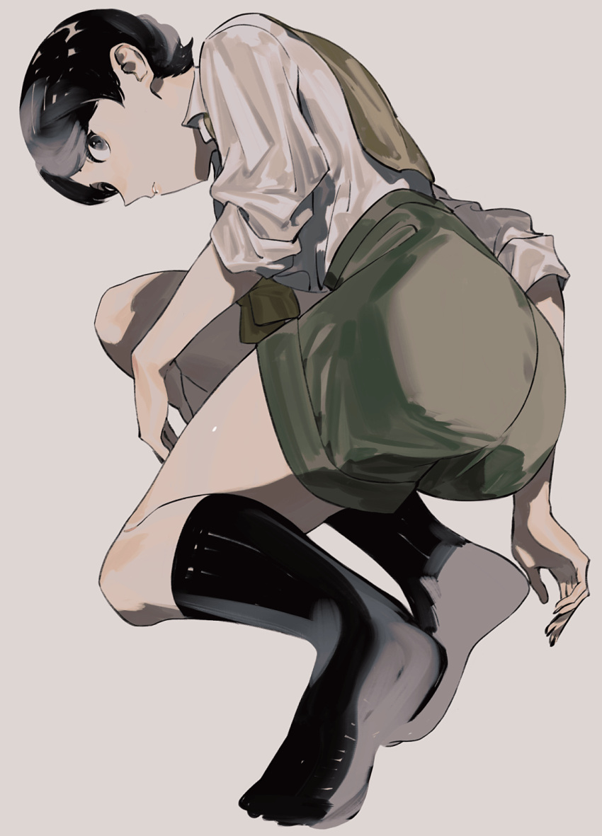 ass black_eyes black_footwear black_hair female full_body green_shorts highres karo-ta_(krt033) looking_at_viewer professor_layton remi_altava shirt short_hair shorts simple_background solo white_background white_shirt