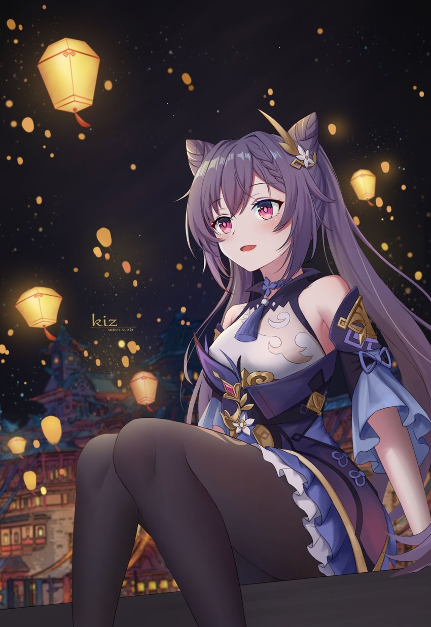 bare_shoulders black_pantyhose breasts building cone_hair_bun double_bun dress female flower frilled_dress frilled_skirt frilled_sleeves frills genshin_impact gloves hair_bun hair_flower hair_ornament highres keqing_(genshin_impact) kiz_mk lantern lantern_festival night night_sky open_mouth pantyhose paper_lantern purple_eyes sitting skirt sky sky_lantern smile solo twintails