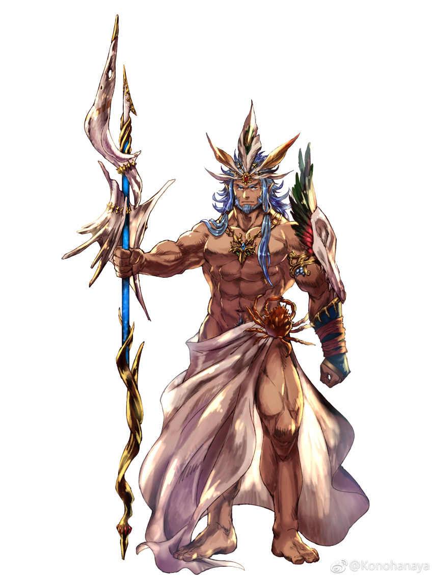 1boy abs absurdres animal_skull armlet bara barefoot beard blue_hair crown dark-skinned_male dark_skin facial_hair frown full_body gold_necklace hat_feather highres holding holding_staff huge_weapon jewelry konohanaya large_pectorals long_hair looking_at_viewer low-tied_sidelocks male_focus mature_male muscular muscular_male navel navel_hair necklace original pectorals planted sanpaku sidelocks skull_pauldron solo staff stomach tachi-e thick_eyebrows tribal weapon