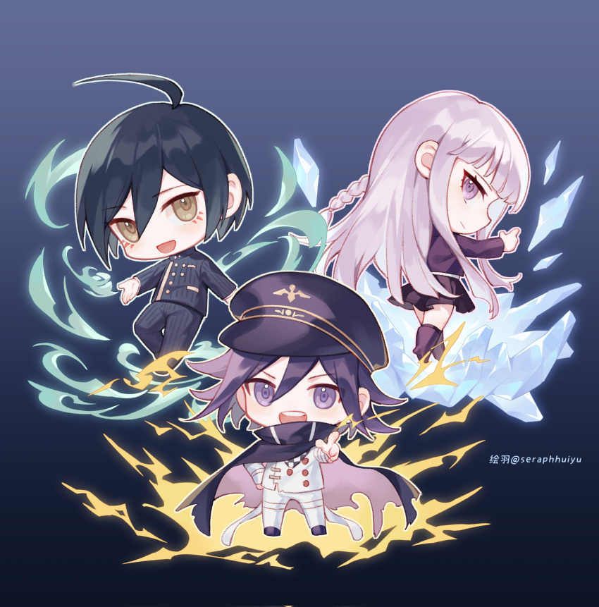 2boys :d ahoge artist_name black_hair black_headwear black_jacket black_pants black_skirt braid buttons checkered_clothes checkered_scarf chibi danganronpa:_trigger_happy_havoc danganronpa_(series) danganronpa_v3:_killing_harmony double-breasted ewa_(seraphhuiyu) female fire flipped_hair grey_hair highres ice jacket kirigiri_kyoko long_hair long_sleeves looking_at_viewer looking_back medium_hair miniskirt multiple_boys oma_kokichi pants pink_eyes pink_hair pointing pointing_at_viewer saihara_shuichi scarf short_hair skirt smile standing striped_clothes striped_jacket teeth upper_teeth_only white_jacket white_pants wind