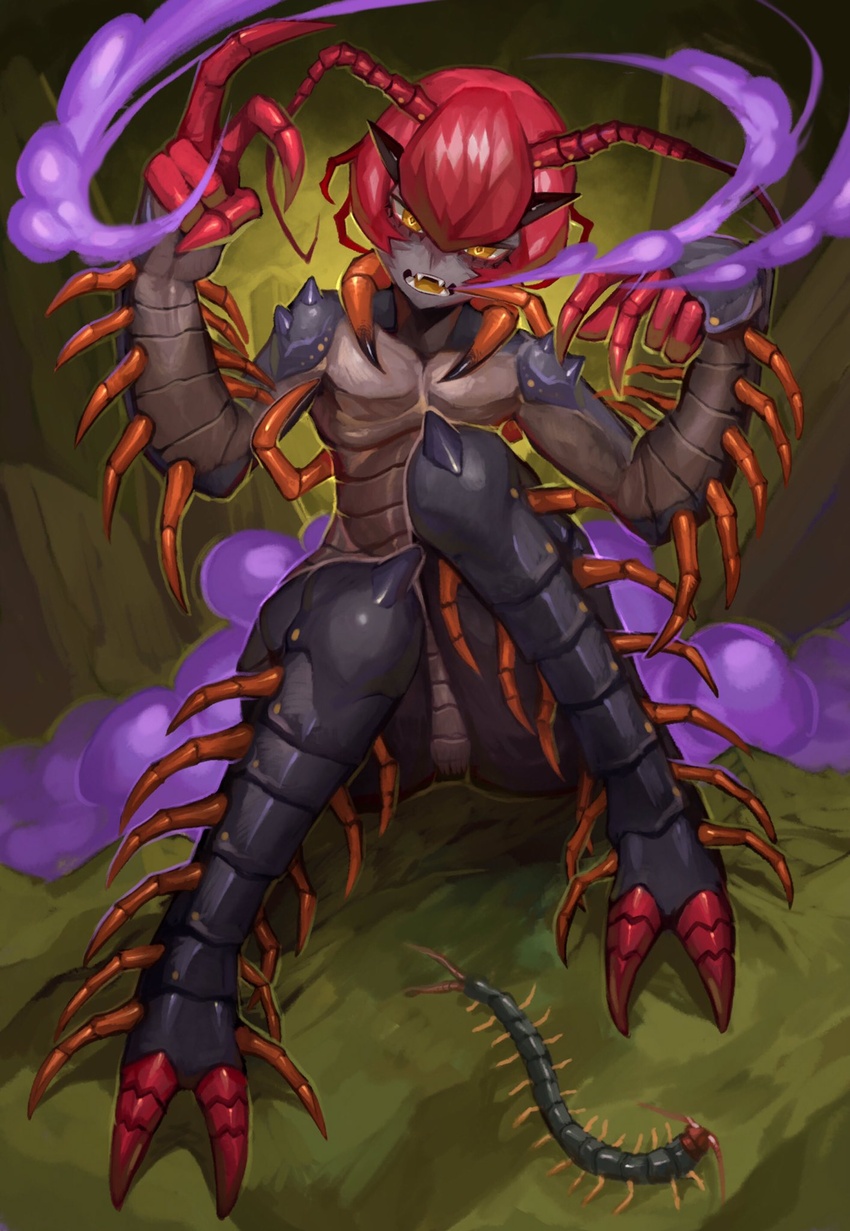 androgynous antennae arthropod_girl arthropod_limbs bug carapace cave centipede centipede_girl colored_tongue diamond-shaped_pupils diamond_(shape) fangs female fingernails full_body green_background highres horns knees_up looking_at_viewer mandibles monster_girl original red_hair sharp_fingernails short_hair sitting skin_fangs solo sumosamo symbol-shaped_pupils yellow_eyes yellow_tongue