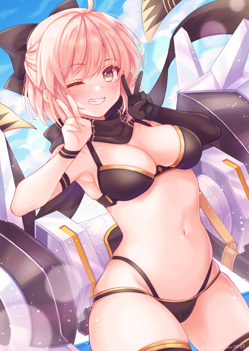 absurdres ahoge bare_shoulders bikini black_bikini black_gloves black_scarf bow breasts brown_eyes double_v elbow_gloves fate/grand_order fate_(series) female gloves hairbow highres looking_at_viewer medium_breasts navel okita_j._souji_(fate) okita_j._souji_(first_ascension)_(fate) okita_souji_(fate) one_eye_closed pika_mouse scarf short_hair single_glove smile solo swimsuit v