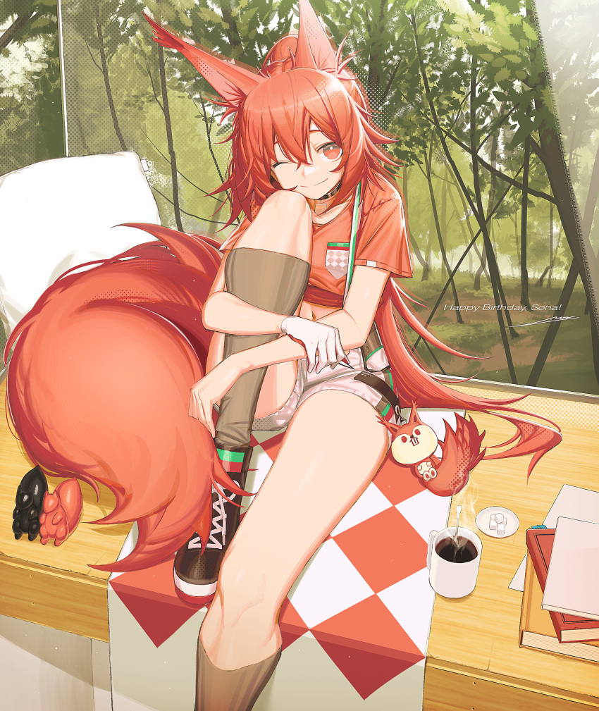 ;) absurdres animal_ears arknights black_choker black_footwear book charm_(object) choker coffee_mug commentary_request crop_top cup female flametail_(arknights) flametail_(sport_for_all)_(arknights) foot_out_of_frame gloves hair_between_eyes happy_birthday highres hugging_own_legs knee_up large_tail legs long_hair long_legs looking_at_viewer midriff mug navel official_alternate_costume one_eye_closed orange_eyes orange_hair orange_shirt ponytail shirt shoes short_shorts shorts signal_1120 single_glove smile solo squirrel_ears squirrel_tail sugar_cube tail thighs very_long_hair white_gloves white_shorts