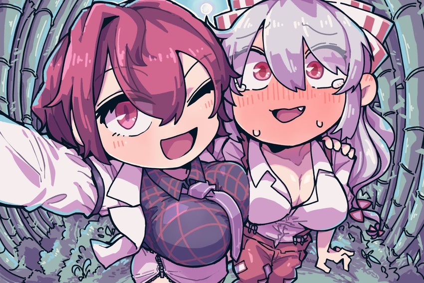 2girls awa_(bihidasu) breasts foreshortening fujiwara_no_mokou grey_hair hime_cut horikawa_raiko large_breasts long_hair multiple_girls necktie one_eye_closed plaid plaid_shirt purple_necktie red_eyes selfie shirt sidelocks touhou very_long_hair